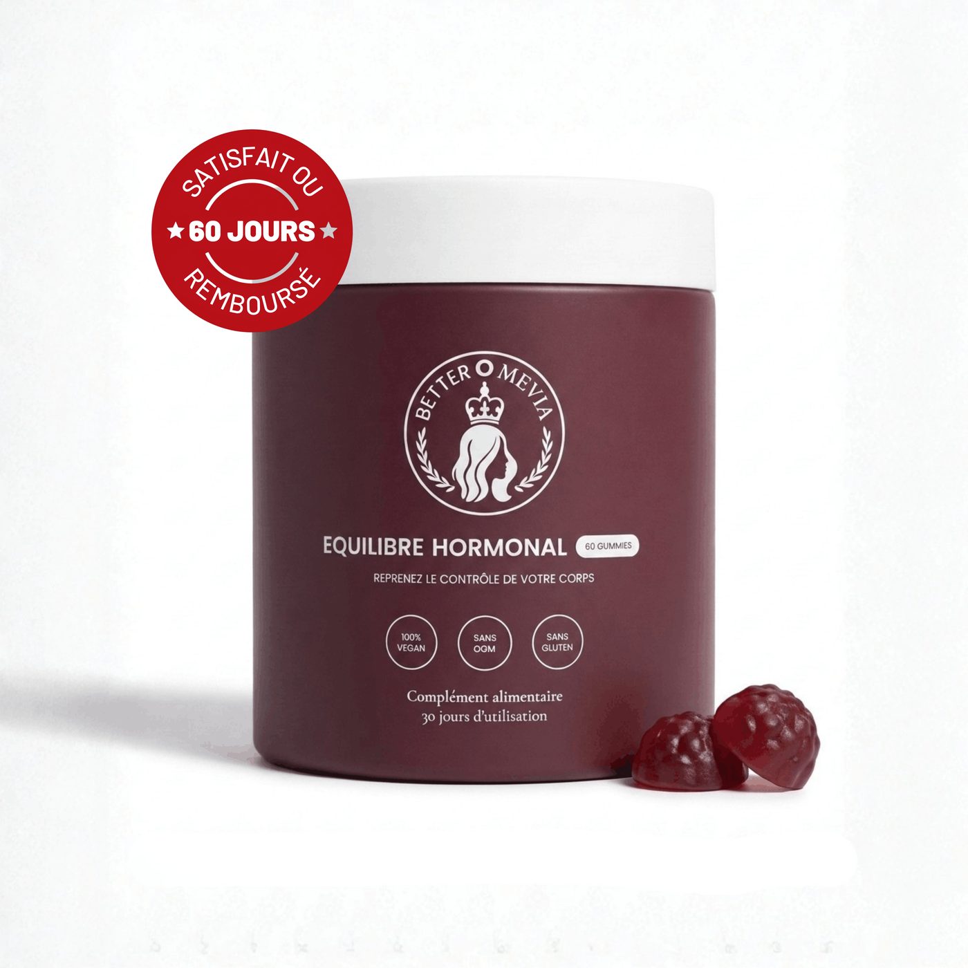Le visuel principal des Gummies Équilibre Hormonal de Better Omevia. Le même fichier, au même identifiant, illustre les quatre fiches du catalogue vendues à trois prix différents. Relevé du 23 septembre 2026.